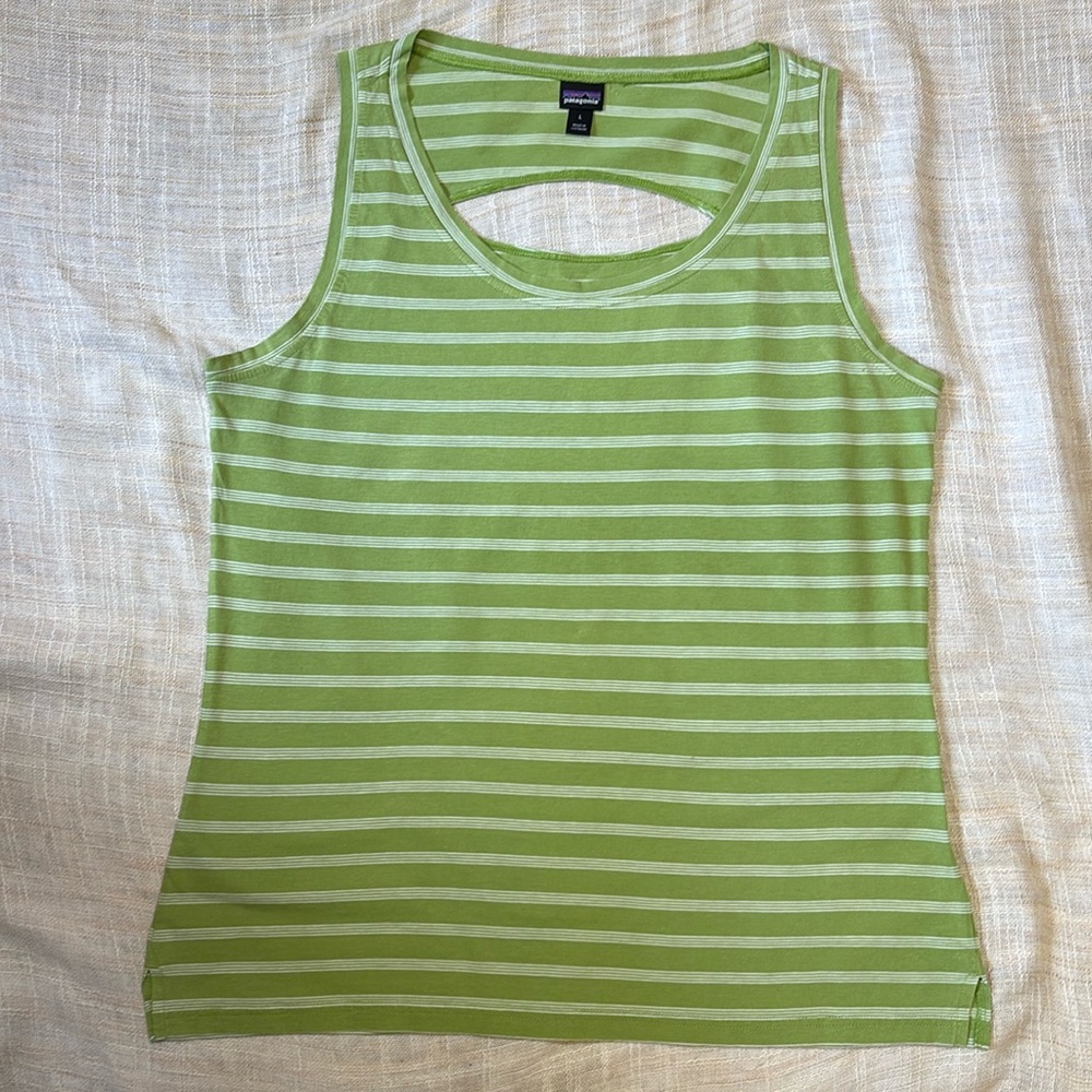 Patagonia Scoop Neck, Cut Out Back Tank, Lime Green/White Striped, Large, EUC